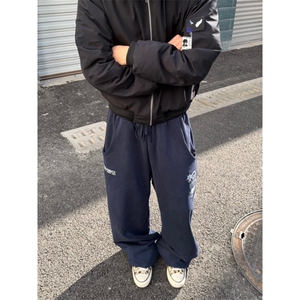 美式通勤字母藏青色抽绳卫裤男女同款百搭通勤宽松直筒休闲长裤图片