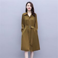 2021年秋季纯色通勤淑女长袖中长款系带口袋连衣裙，女装连衣裙，安之芮娜