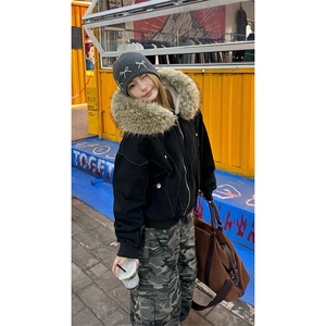 现货重磅boxy短款棉衣座山雕大毛毛领男女棉服水洗工装厚外套图片