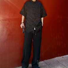新中式风衬衫男短袖提花蝴蝶纹衬衫浮雕改良中山装外套C42，男装衬衫，星座1116A-1（原606A）