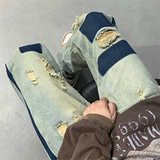 牛仔裤男秋季潮大码休闲裤子高街拼接布N3098P43，男装牛仔裤，星座1116-2