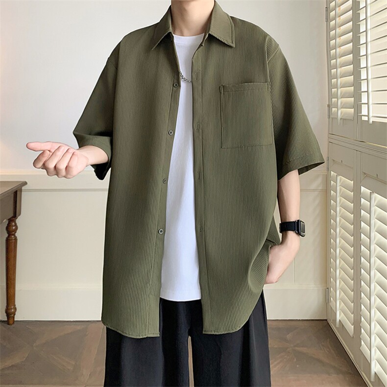 美式复古翻领条纹衬衫男夏季宽松设计感短袖外套潮DX102-特P30,男装衬衫,电商A178