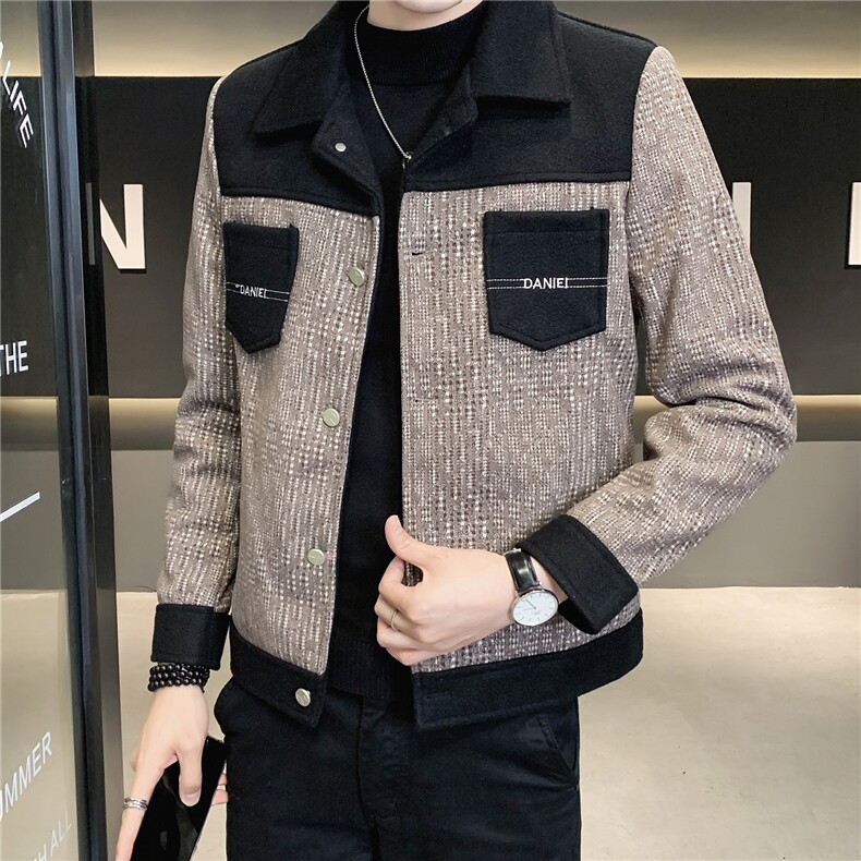 2023秋冬新款修身拼色翻领毛呢大衣男夹克外套男N8868-p120,男装毛呢大衣,电商D303