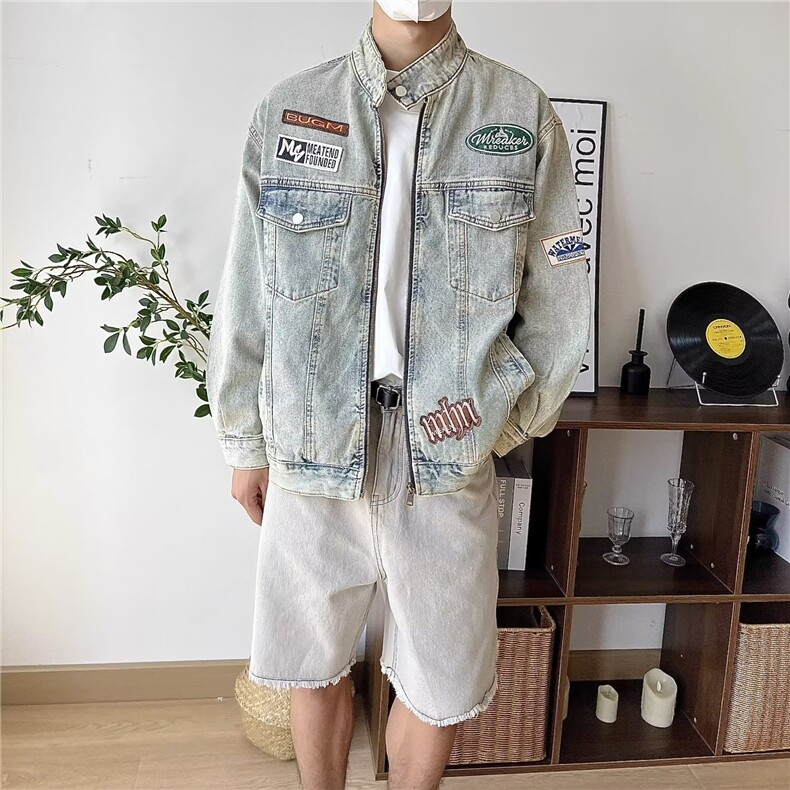 网络图现货美式复古潮牌刺绣宽松休闲立领牛仔外套JK8615-P70，男装工装外套，星座715-7