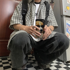 特批2025港风自拍宽松时尚方格短袖衬衫男生衬衣S222P38控58，男装衬衫，电商A247