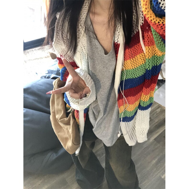 撞色镂空连帽针织开衫男夏季防晒罩衫多巴胺春秋衬衫外套M6022,男装防晒衣,星座1116A（原606A-3）