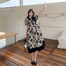 新中式国风娃娃领连衣裙女夏2025新款小个子宽松减龄泡泡袖碎花裙，女装连衣裙，2C032