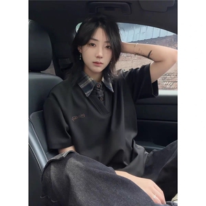 网图假两件拼接衬衫领短袖男女美式复古格子学院风上衣YY811-P35图片