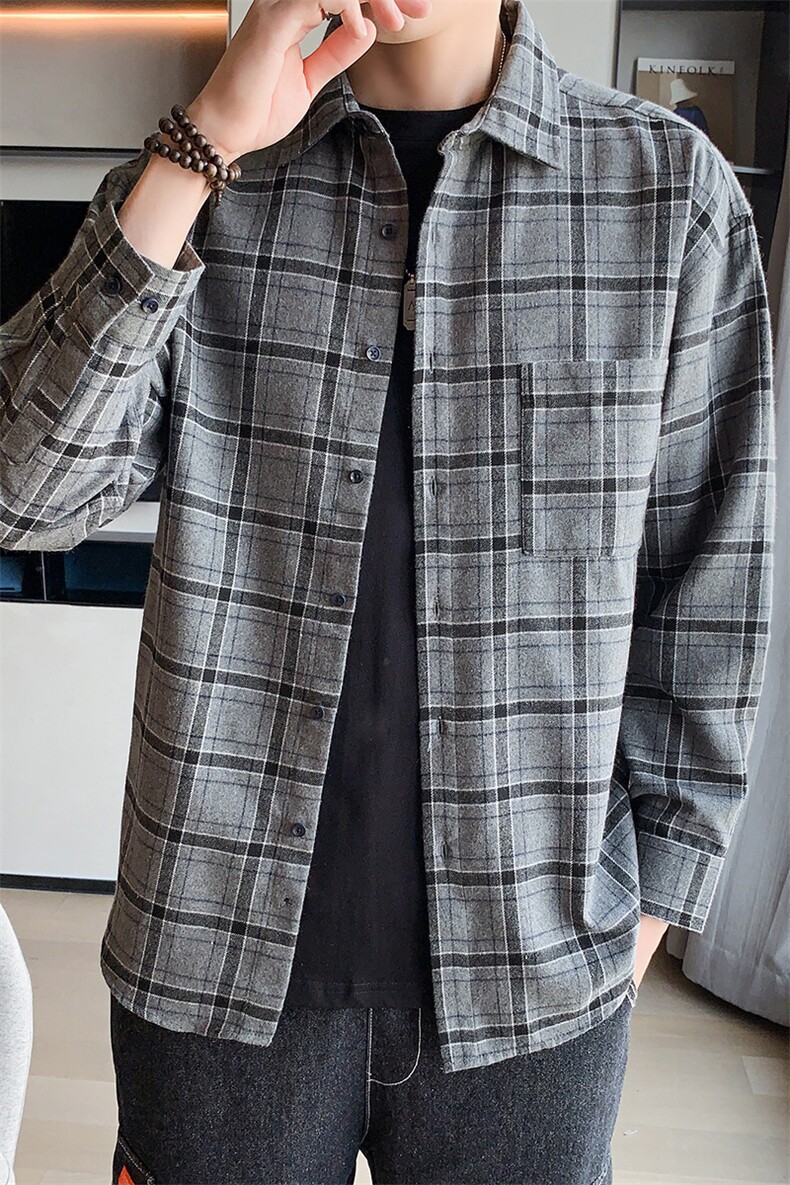 ins格子衬衫男士长袖韩版潮流外套休闲秋季新款DF02T,男装衬衫,电商A102