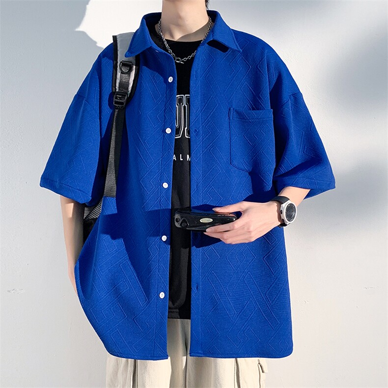 特批32无差价2024夏潮牌痞帅短袖衬衣男大码宽松克莱因蓝衬衫C840，男装衬衫，电商A001-1