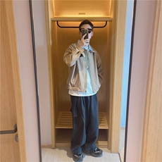 网络图秋季复古宽松拼接格纹假两件翻领拉链情侣夹克，男装夹克，星座410-7
