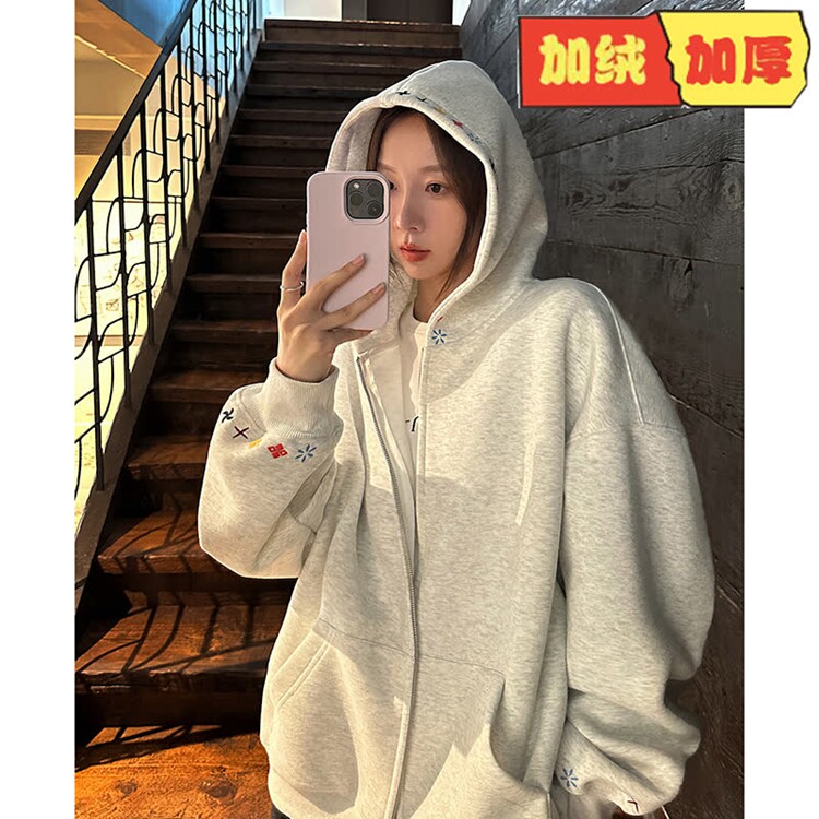 韩版宽松休闲连帽加绒卫衣外套女秋冬重磅痞帅简约纯色双拉链开衫,女装短外套,星座218-8