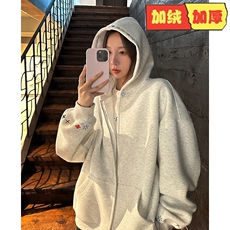 韩版宽松休闲连帽加绒卫衣外套女秋冬重磅痞帅简约纯色双拉链开衫，女装短外套，星座218-8