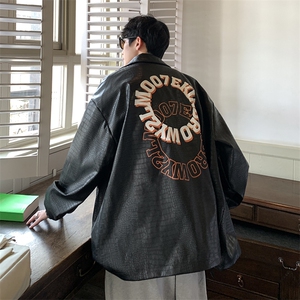 港风鳄鱼纹皮衣大码M-5XL潮美式字母印花皮夹克JK7815P90控128图片