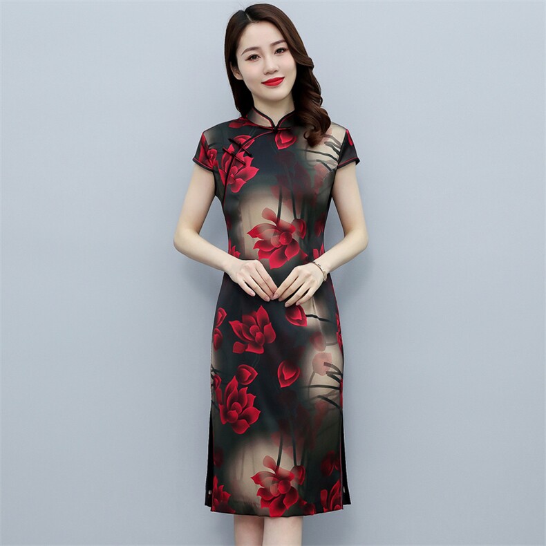 杭州丝绸高端品质弹力缎重磅真丝双层旗袍中长婚礼服连衣裙，女装汉服/婚纱/旗袍/礼服，媚琳依坊