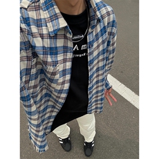 美式格子长袖衬衫男vintage蓝色情毛边外套薄款宽松型C352，男装衬衫，星座1116A（原606A-3）