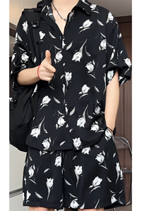 短袖衬衫男+短裤男潮流休闲套装男M-5XL大码TZ78712P50控98模特图图片