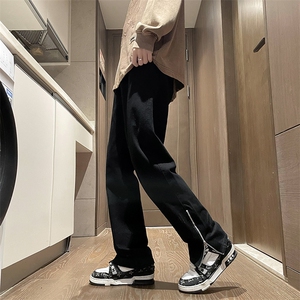 美式高街牛仔裤男修身侧边拉链潮牌vibe微喇裤子男图片