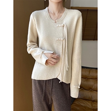 优雅气质秋冬新款简约盘扣羊毛开衫显瘦百搭时尚外套，女装羊毛衫，狄美羊绒