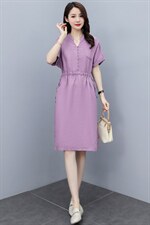 2021夏装新款简约时尚优雅休闲舒适纯色显瘦亚麻连衣裙，女装连衣裙，铭街依杨