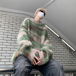美式潮撞色条纹慵懒风男冬季宽松复古新款马海毛针织毛衣-M1211图片