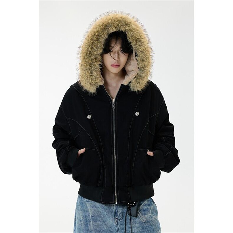 现货重磅boxy短款棉衣座山雕大毛毛领男女棉服水洗工装厚外套,男装棉衣,电商A486