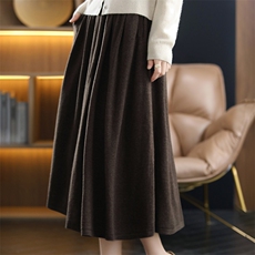 2022新款精纺羊毛半身裙女高腰中长款针织百褶A字裙羊绒大摆伞裙，女装半身裙，暖烁羊绒