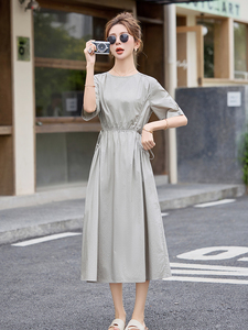 纯棉连衣裙女2025夏季新款韩版收腰显瘦广州十三行爆款中长款裙子图片