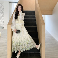 26春新款现-度假风拼接兰花针织开衫连衣裙套装2629-P200K328，女装套装/套裙，2B190