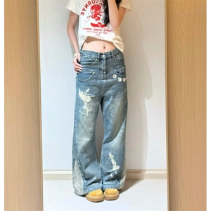 25年美式复古老爹做脏褶皱牛仔裤男女阔腿cleanfit裤子潮-NK8113