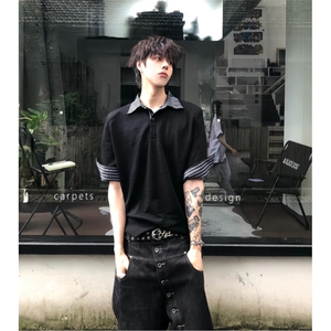 得物抖音高品质二开 夏季美式潮牌假两件条纹衬衫翻领高街短袖T恤图片