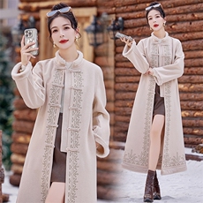 2024秋冬新款复古重工刺绣新中式双面呢子大衣女长款过膝毛呢外套，女装毛呢外套，芷墨服饰