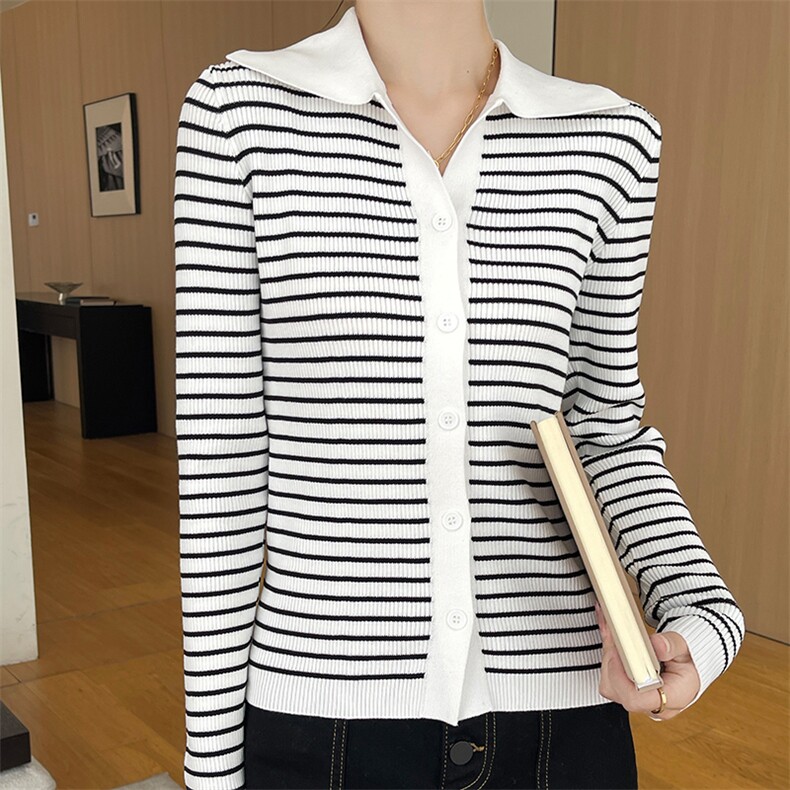 翻领条纹长袖针织开衫女秋冬洋气减龄修身显瘦毛衣外套百搭上衣新，女装针织衫/毛衣，圣丽羊绒