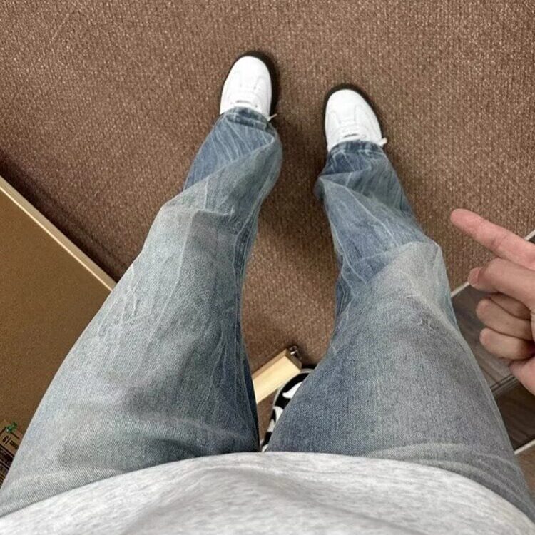 美式复古cleanfit牛仔裤男春秋新款高街潮牌穿搭浅蓝色加绒微喇裤,男装牛仔裤,星座506A