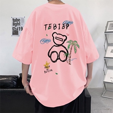 T533P26夏季新款港风纯棉短袖T恤ins衣服宽松半袖体恤小熊上衣，男装T恤，星座304A
