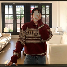 高质量条纹半拉翻领毛衣情侣宽松加厚保暖红色耶诞针织衫SW5005，男装针织衫/毛衣，星座516A
