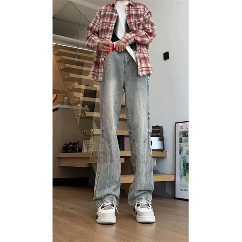 复古美式闪电纹牛仔裤男新款美式高街直筒阔腿长裤513ACK2649P40图片