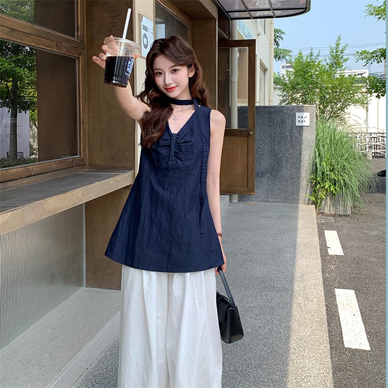 藏青色无袖衬衫上衣阔腿裤套装女夏超火流行韩系设计感两件套爆款,女装套装/套裙,浙宝276（原081）
