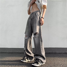 夏季美式街头破洞牛仔裤男款潮牌hiphop宽松百搭做旧直筒阔腿裤子，男装牛仔裤，星座601-2