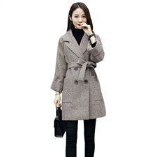 冬装新款毛呢外套女时尚双排扣中长款西装领（配腰带），女装毛呢外套，岚衣(原川流布茜）
