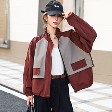 促销2025春季时髦休闲通勤气质宽松百搭撞色抽绳立领夹克短外套，女装短外套，超帛