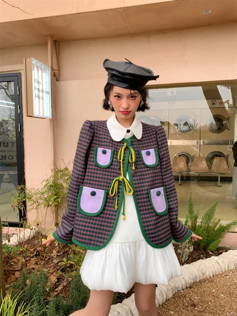 格纹撞色小外套，其它，YOUER DENG