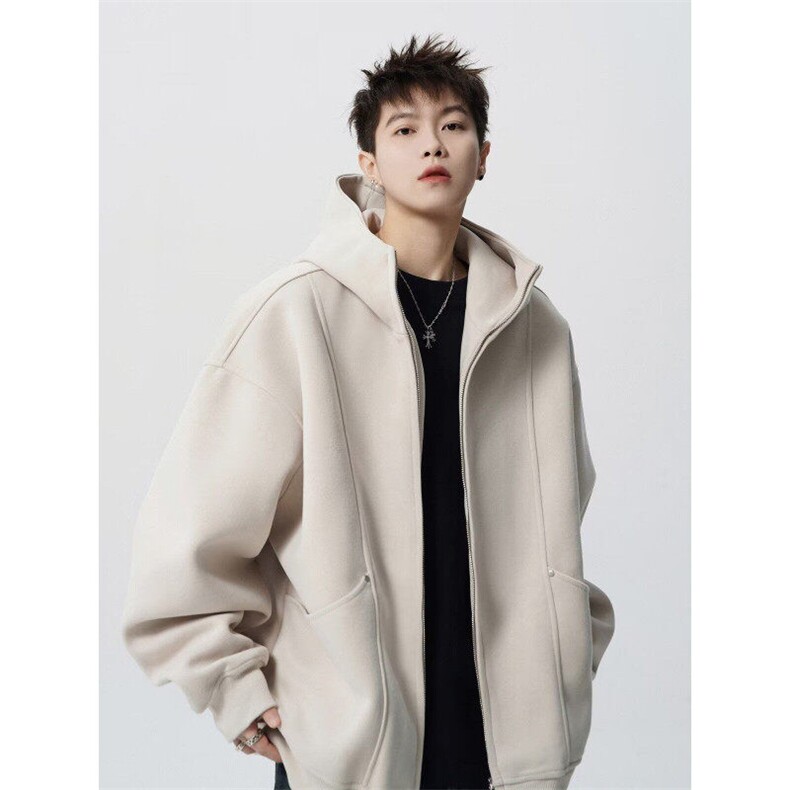 W9345-P50网图现货新款长袖极简风开衫卫衣外套纯色宽松连帽,男装卫衣,星座1608-2