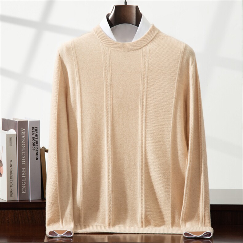 2025年秋季新款百搭12针竖条圆领套头衫，男装针织衫/毛衣，榆莲羊绒