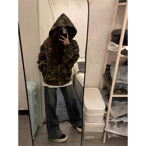 美式穿搭迷彩连帽卫衣外套女秋季刺绣拉链开衫情侣上衣潮WY226图片