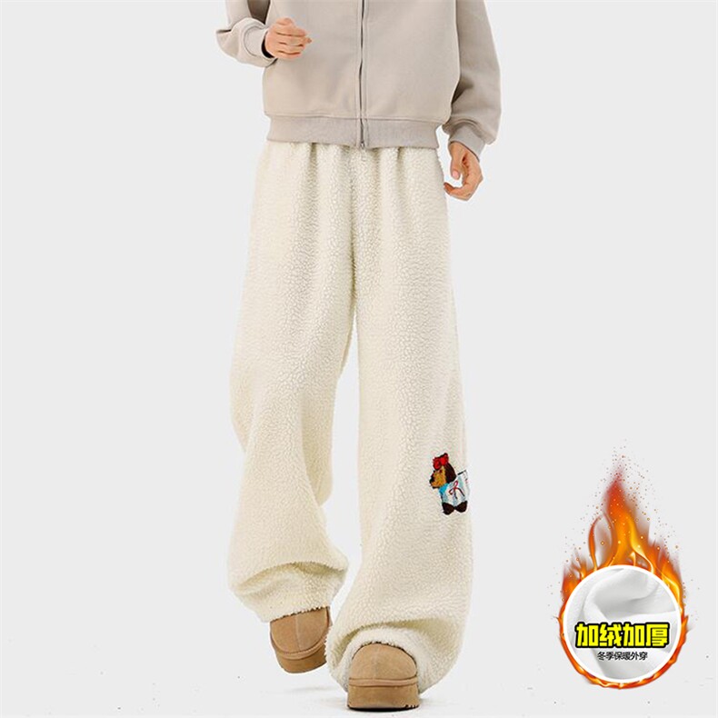 冬季美式刺绣羊羔毛棉裤男女情侣加绒加厚保暖宽松休闲阔腿长裤子，男装棉衣，电商A443