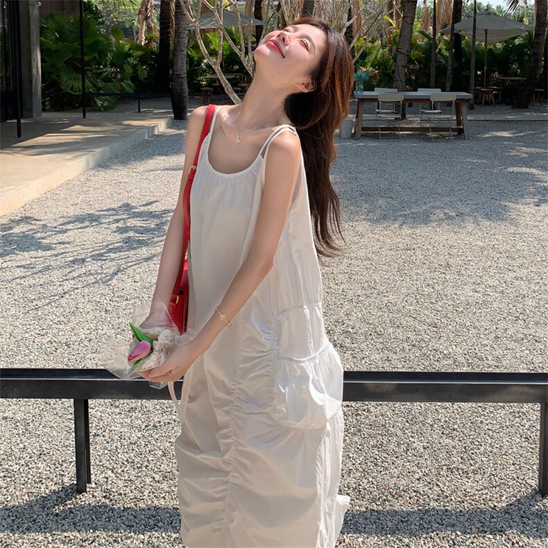 8869夏季棉质吊带长款连衣裙女2025法式抽绳褶皱长裙女P115k208,女装连衣裙,2D143