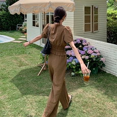 休闲时尚套装女2025夏季新款泡泡袖短袖V领上衣阔腿裤气质两件套，女装套装/套裙，2C129