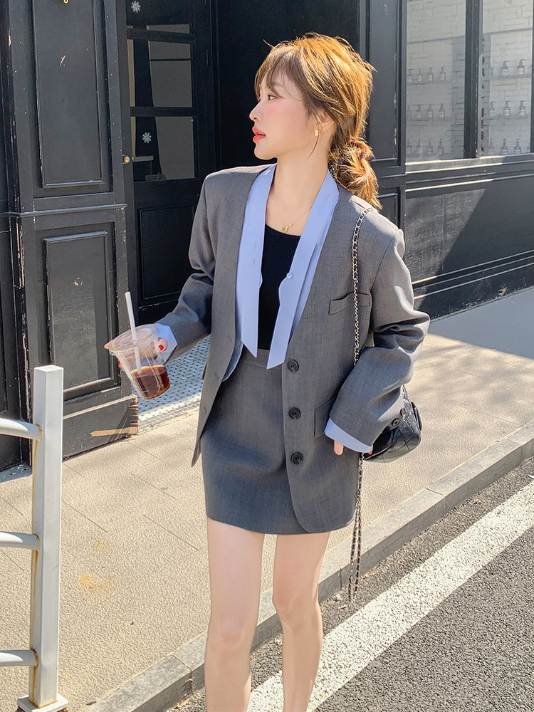 设计感撞色西装套装裙女春秋2025新款韩系小个子面试西服职业装,女装套装/套裙,韩蜜菓