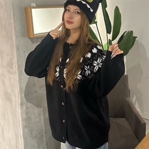 重磅秋冬装北极绒开衫毛衣美式复古休闲圣诞慵懒风提花针织衫外套图片